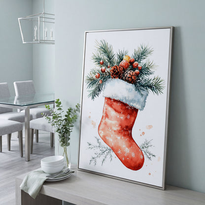 Christmas Stocking Canvas Print with Watercolor Pine in silver floating frame
