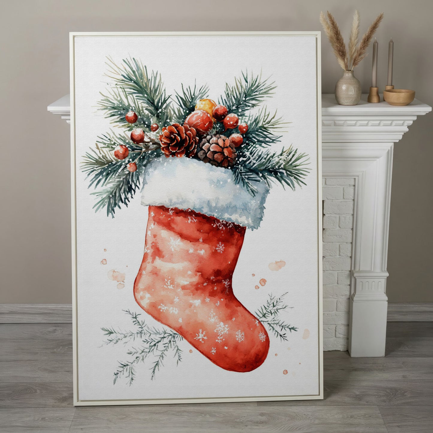 Christmas Stocking Canvas Print with Watercolor Pine in white floating frame