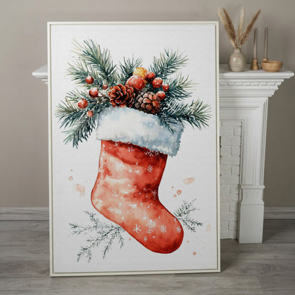 Christmas Stocking Canvas Print with Watercolor Pine in white floating frame