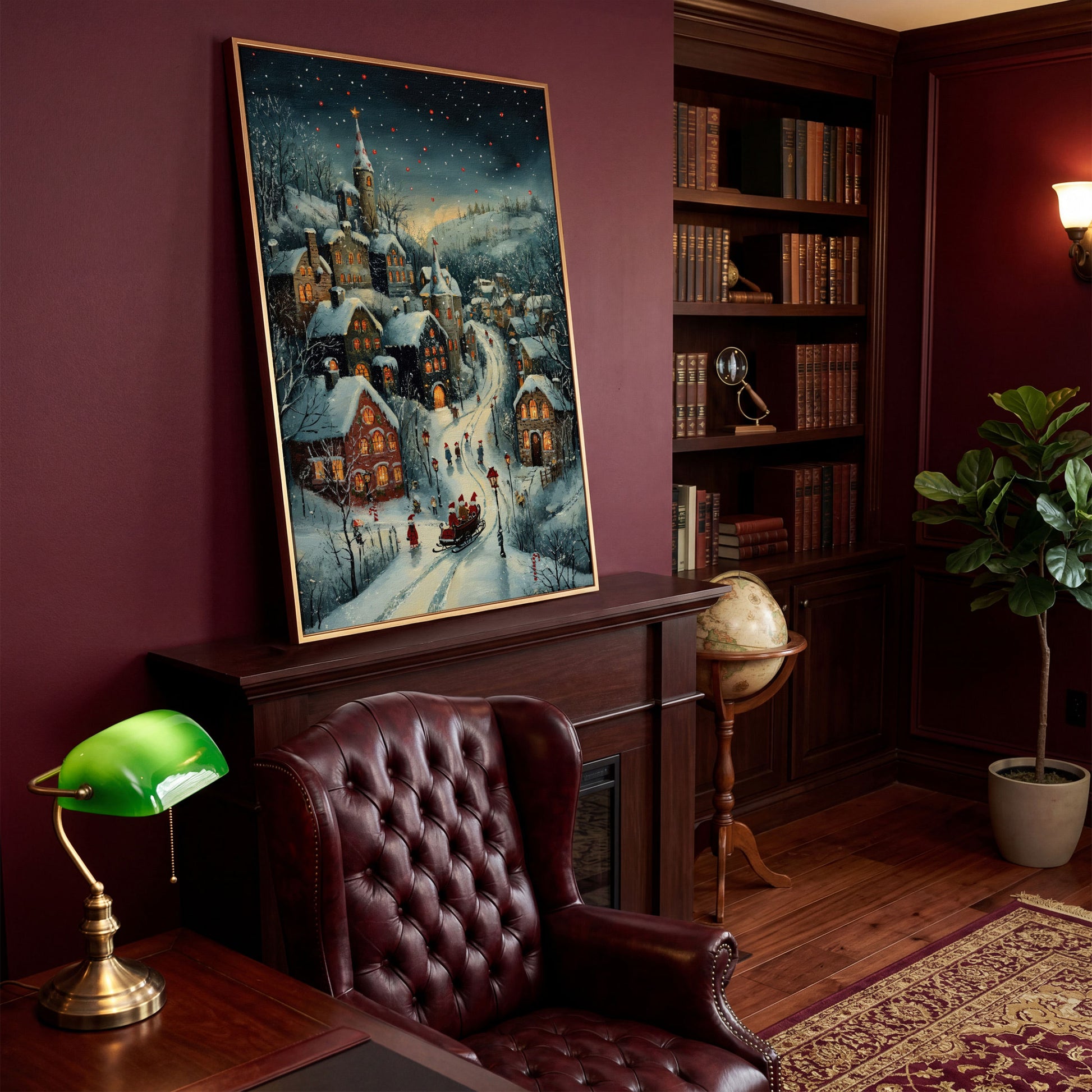 Christmas Village Canvas with Sleigh and Red Lanterns in antique gold floating frame