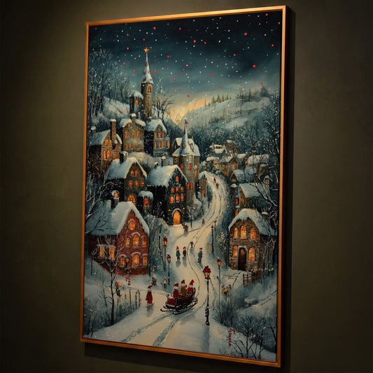 Christmas Village Canvas with Sleigh and Red Lanterns shown in antique gold floating frame