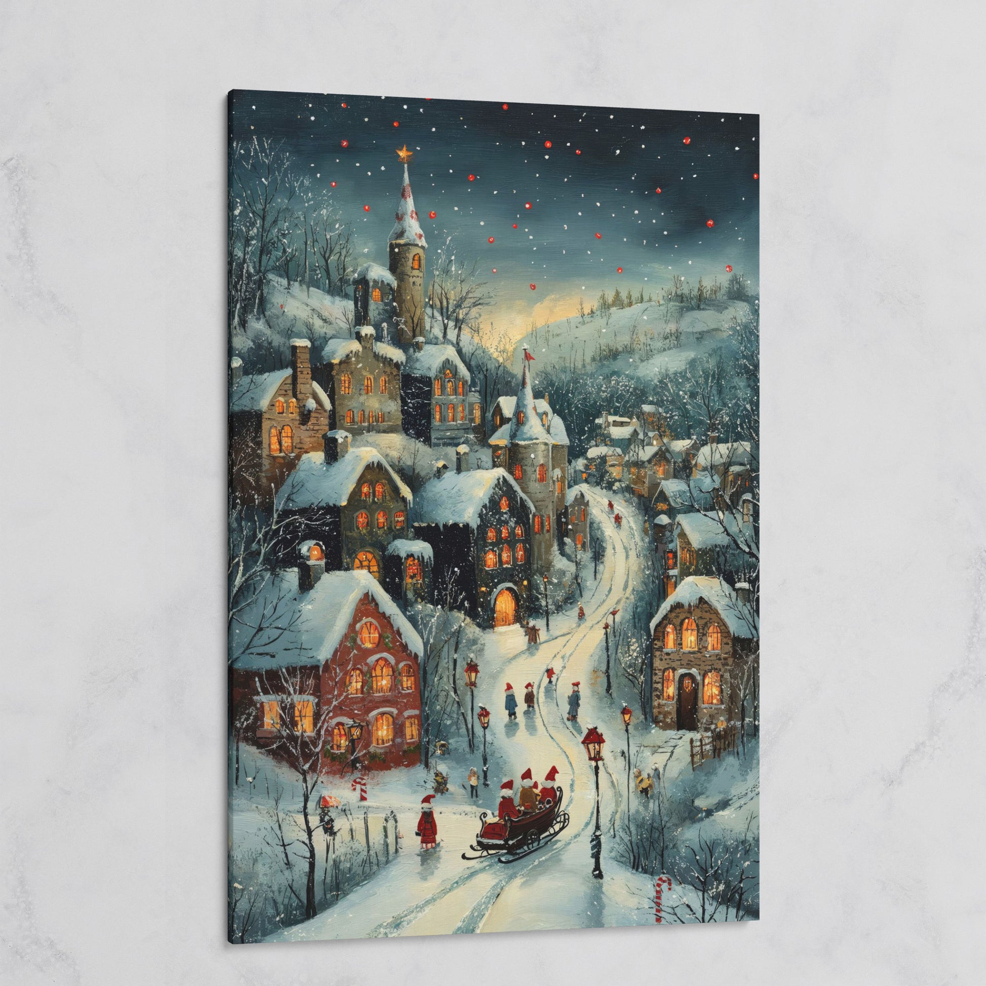 Christmas Village Canvas with Sleigh and Red Lanterns on gallery wrap