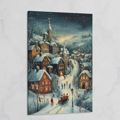 Christmas Village Canvas with Sleigh and Red Lanterns on gallery wrap
