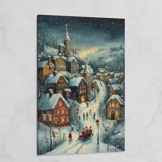 Christmas Village Canvas with Sleigh and Red Lanterns on gallery wrap