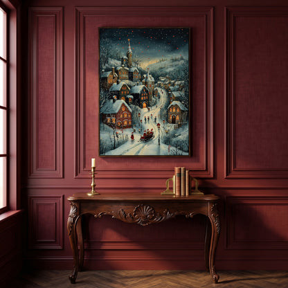 Christmas Village Canvas with Sleigh and Red Lanterns in dark walnut floating frame