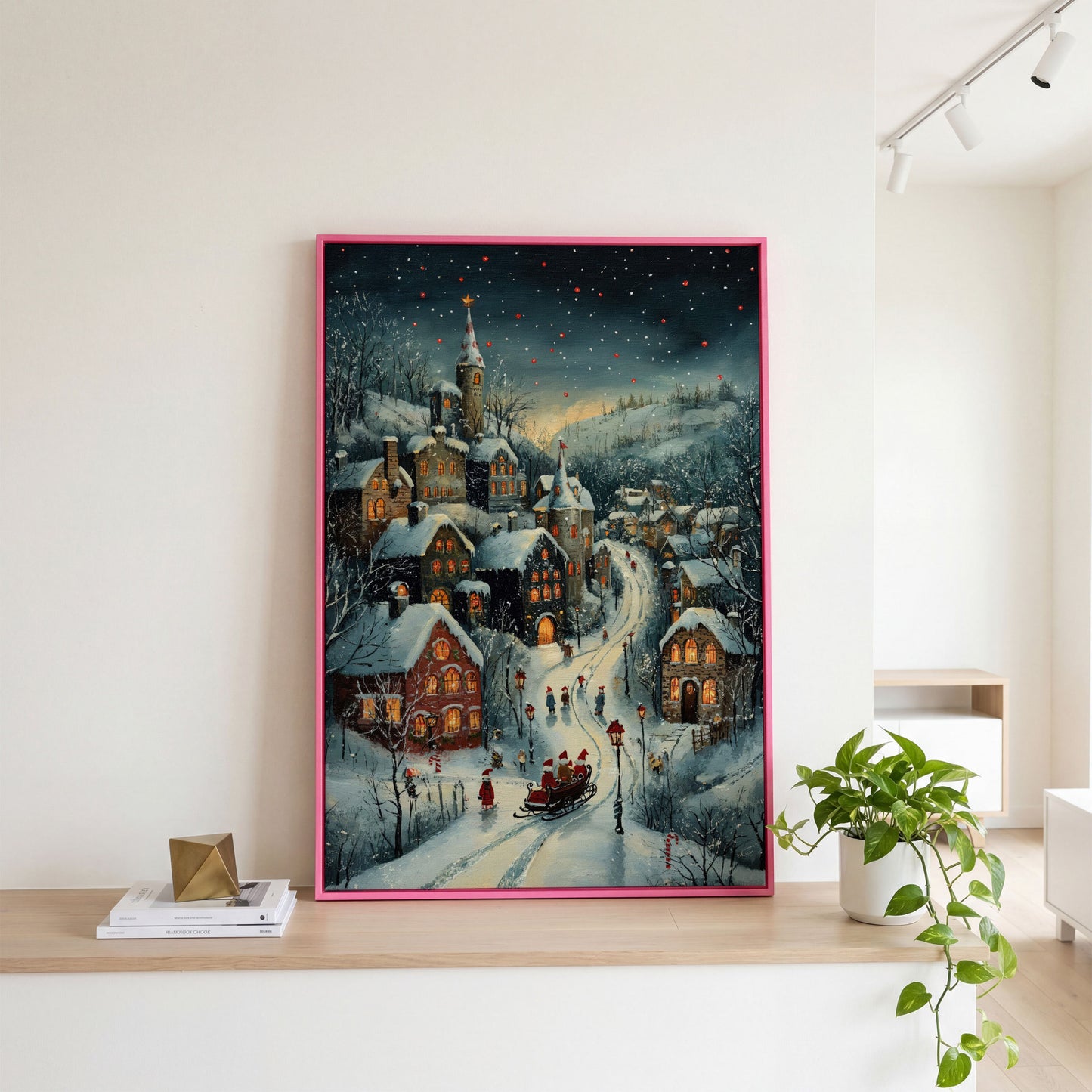 Christmas Village Canvas with Sleigh and Red Lanterns in pink floating frame