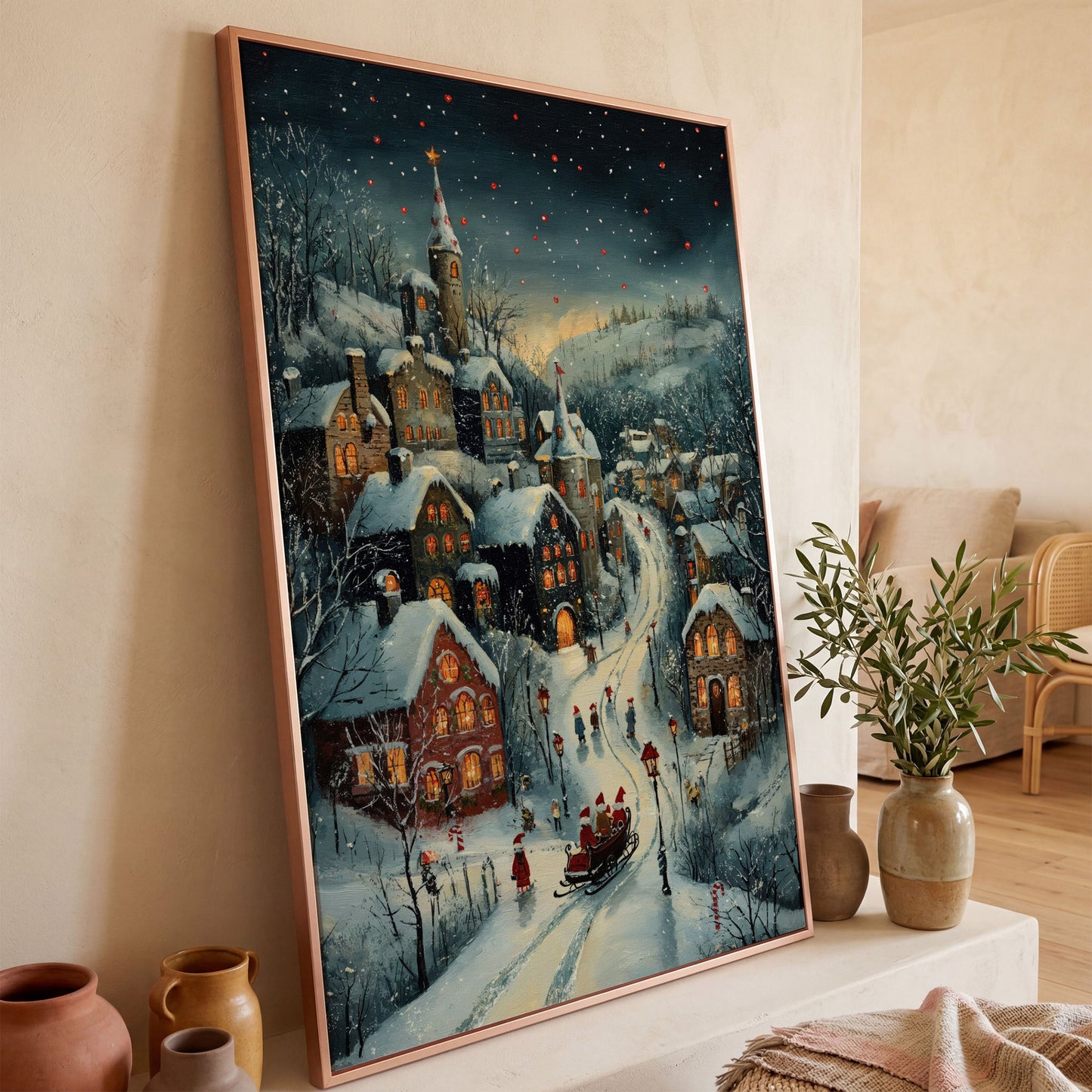 Christmas Village Canvas with Sleigh and Red Lanterns in rose gold floating frame