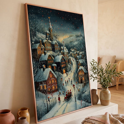 Christmas Village Canvas with Sleigh and Red Lanterns in rose gold floating frame