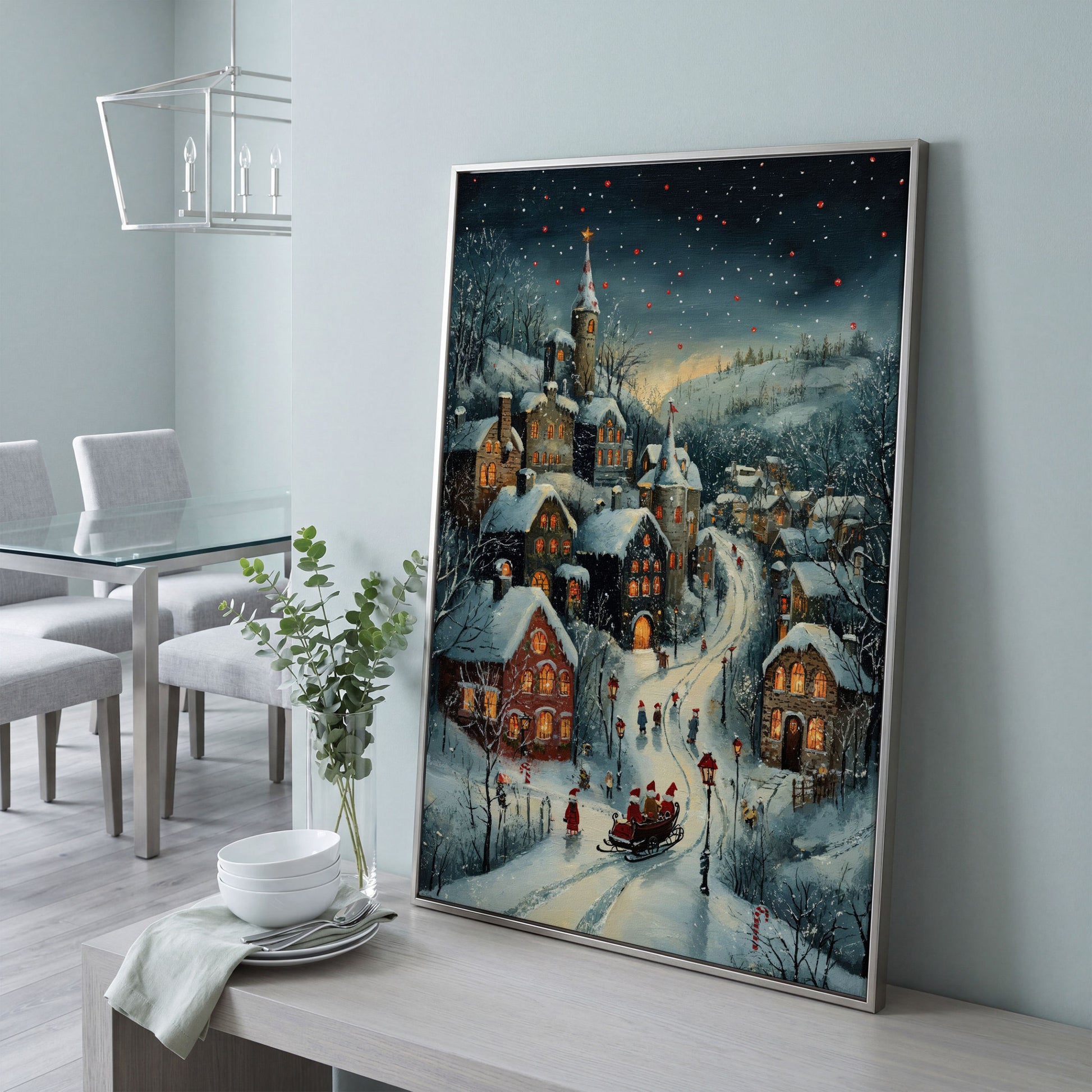 Christmas Village Canvas with Sleigh and Red Lanterns in silver floating frame