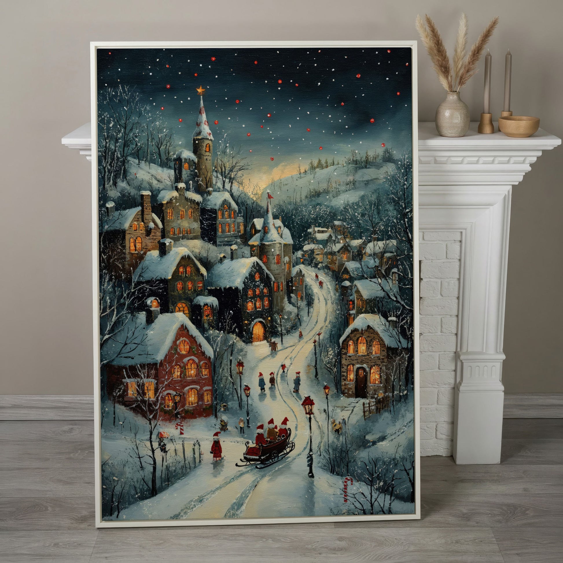 Christmas Village Canvas with Sleigh and Red Lanterns in white floating frame
