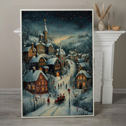 Christmas Village Canvas with Sleigh and Red Lanterns in white floating frame