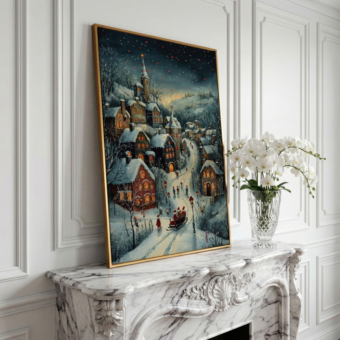 Christmas Village Canvas with Sleigh and Red Lanterns in yellow gold floating frame