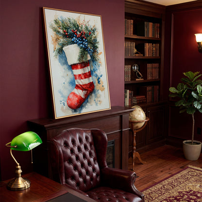 Red Stocking with Watercolor Splatter Canvas in antique gold floating frame