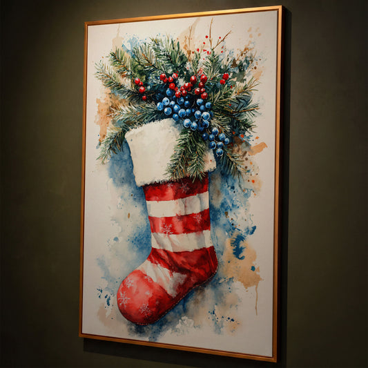 Red Stocking with Watercolor Splatter Canvas shown in antique gold floating frame
