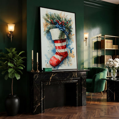 Red Stocking with Watercolor Splatter Canvas in black floating frame