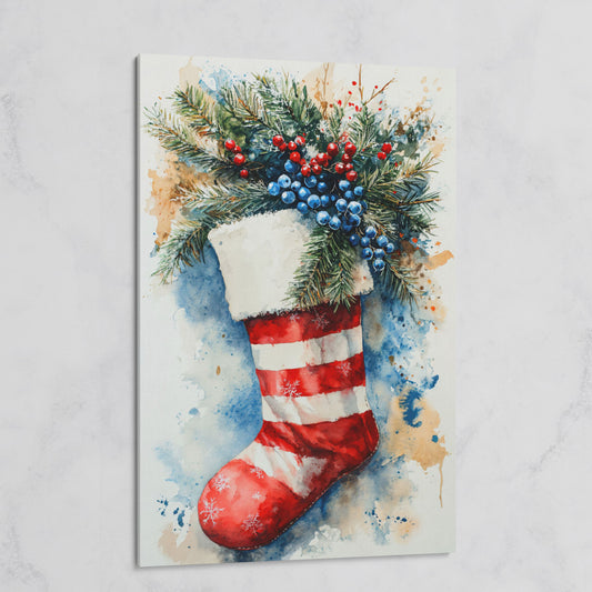 Red Stocking with Watercolor Splatter Canvas on gallery wrap