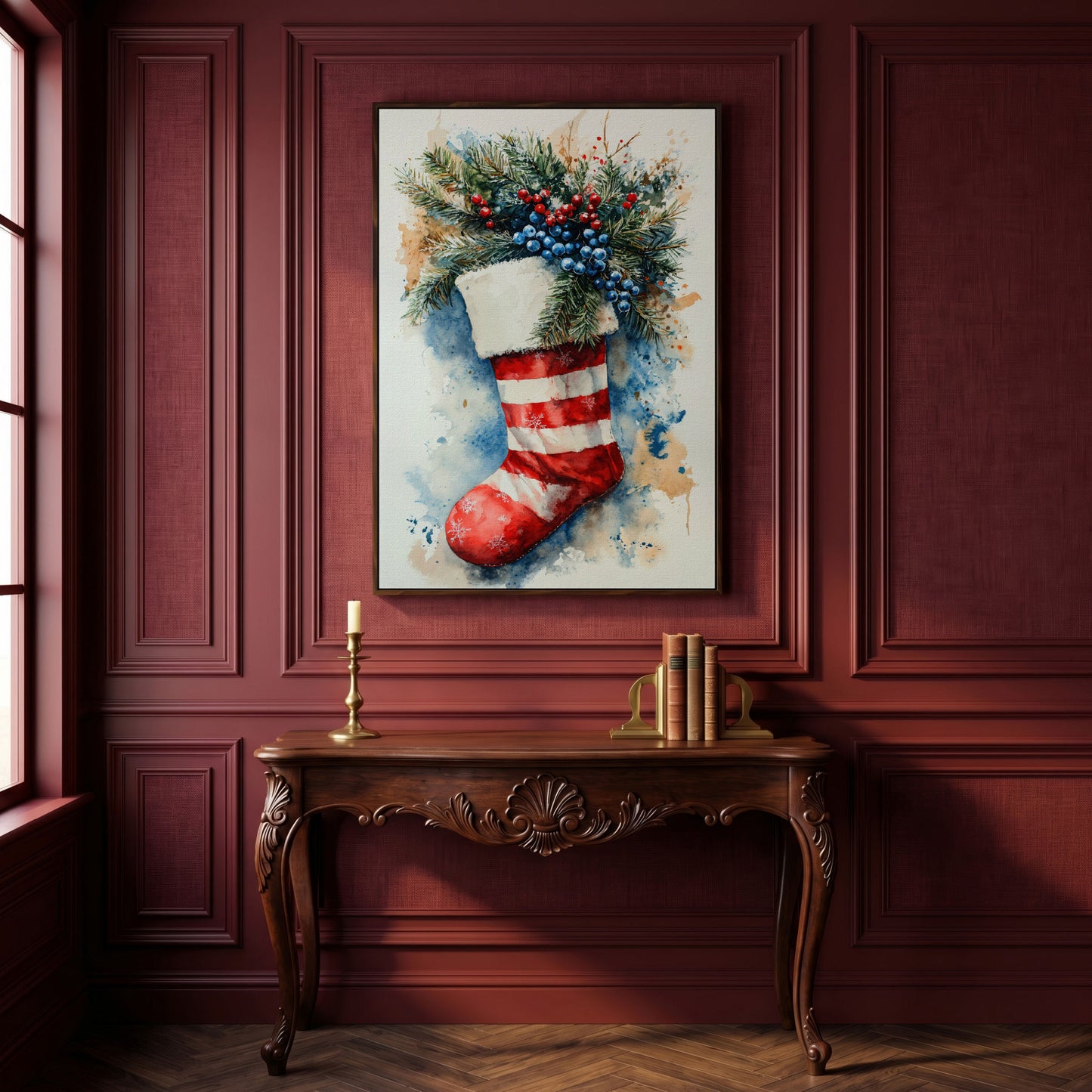 Red Stocking with Watercolor Splatter Canvas in dark walnut floating frame