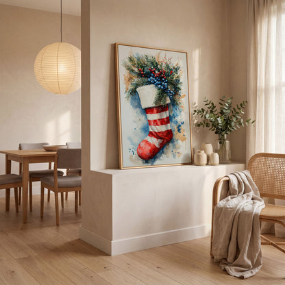 Red Stocking with Watercolor Splatter Canvas in white oak floating frame