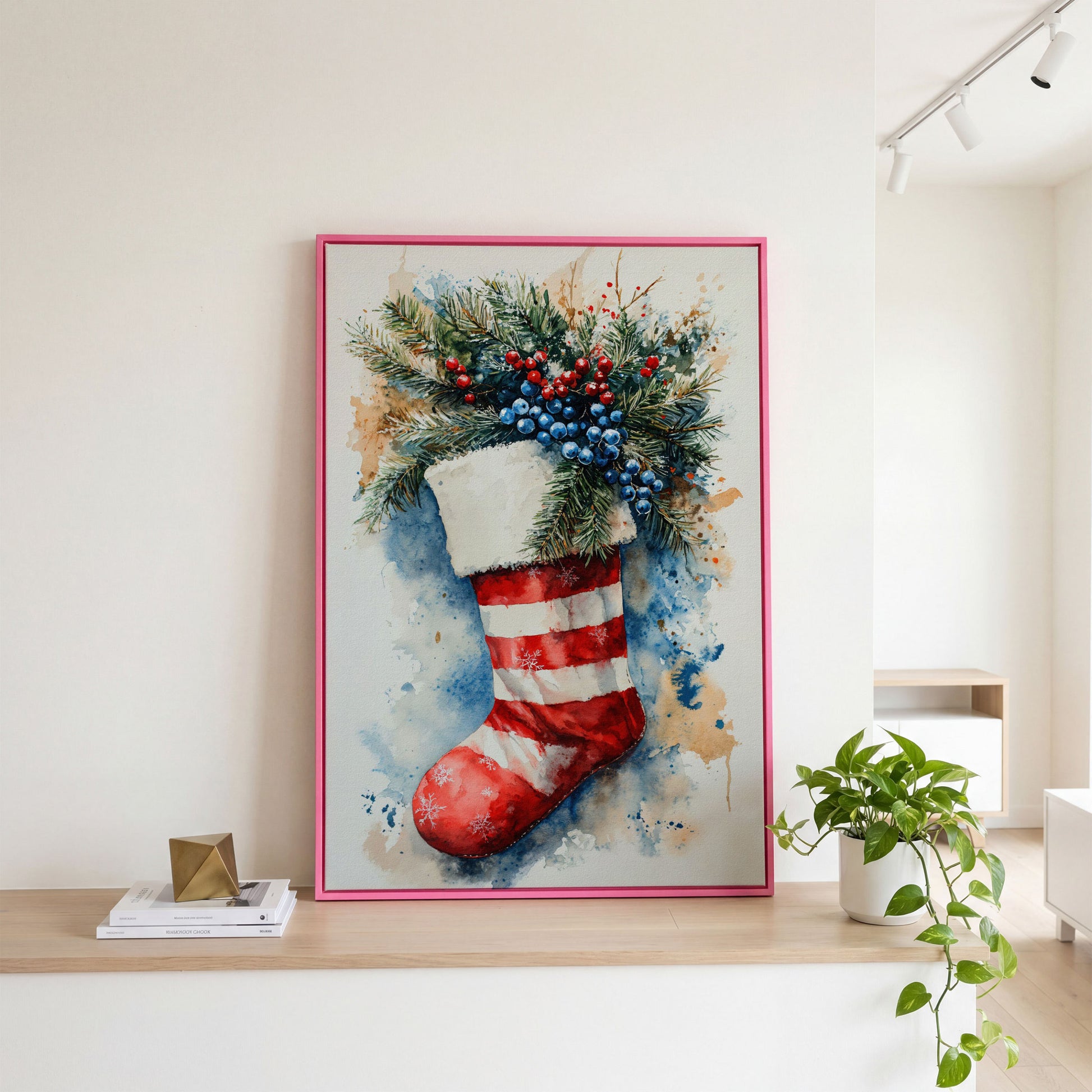 Red Stocking with Watercolor Splatter Canvas in pink floating frame