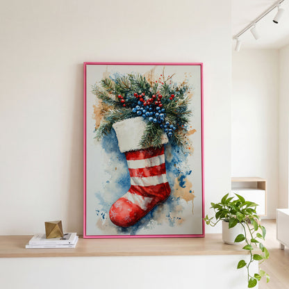 Red Stocking with Watercolor Splatter Canvas in pink floating frame