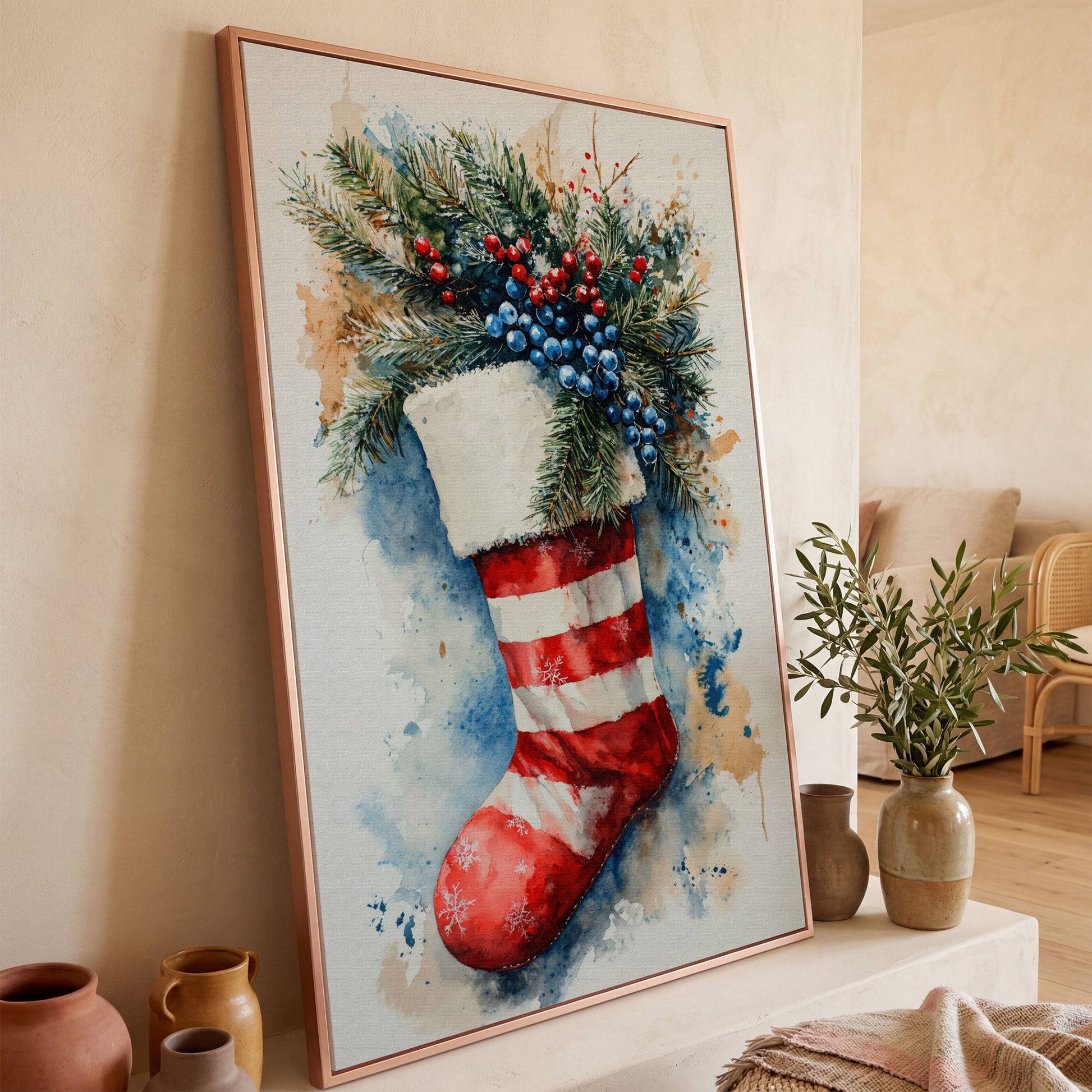 Red Stocking with Watercolor Splatter Canvas in rose gold floating frame