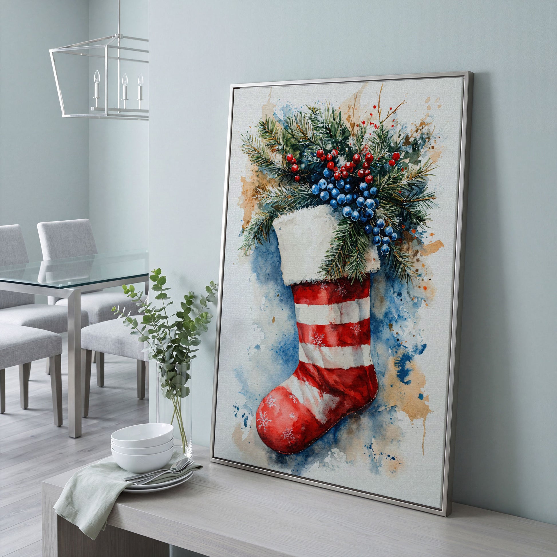 Red Stocking with Watercolor Splatter Canvas in silver floating frame