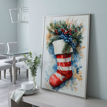 Red Stocking with Watercolor Splatter Canvas in silver floating frame