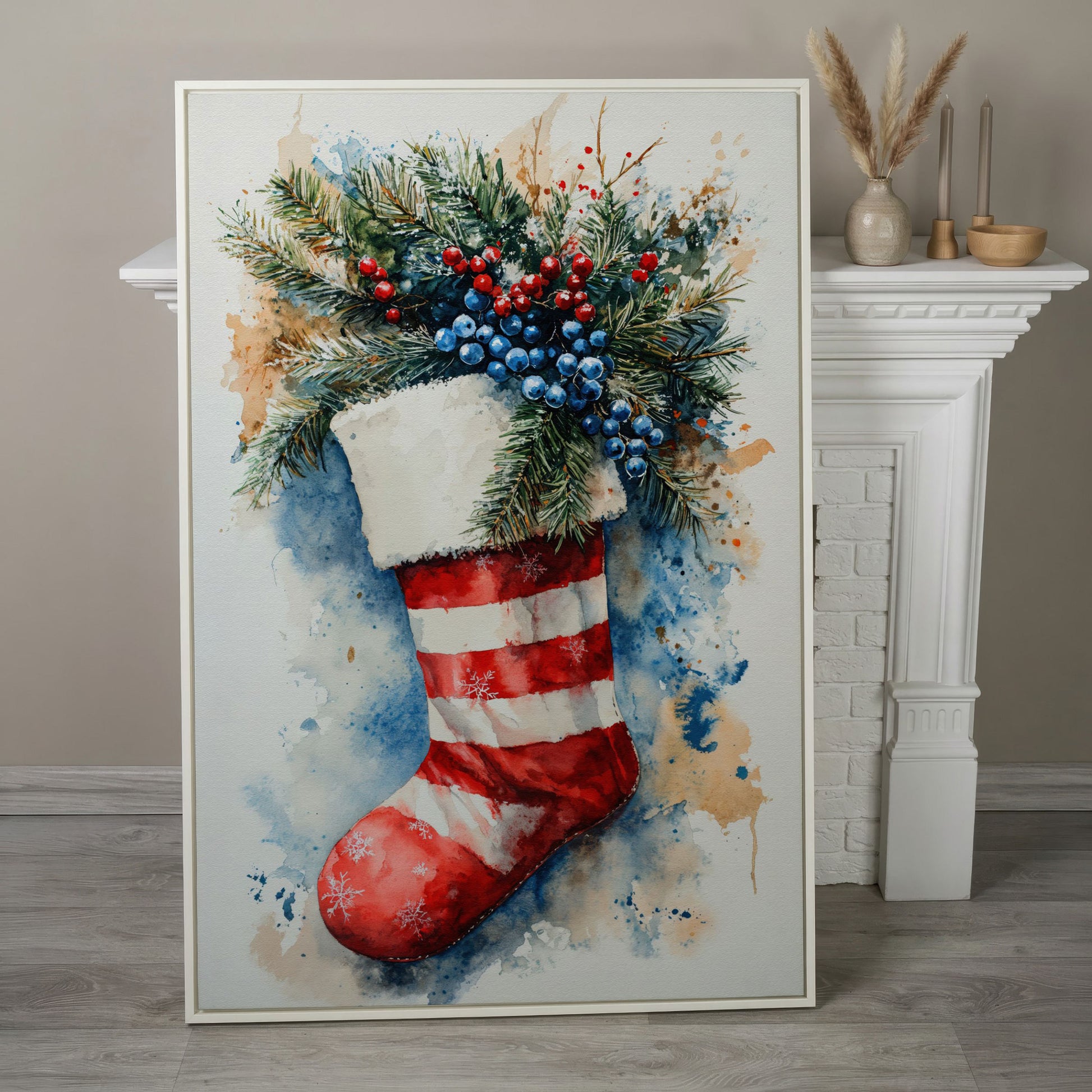 Red Stocking with Watercolor Splatter Canvas in white floating frame
