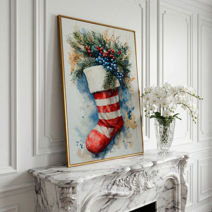 Red Stocking with Watercolor Splatter Canvas in yellow gold floating frame