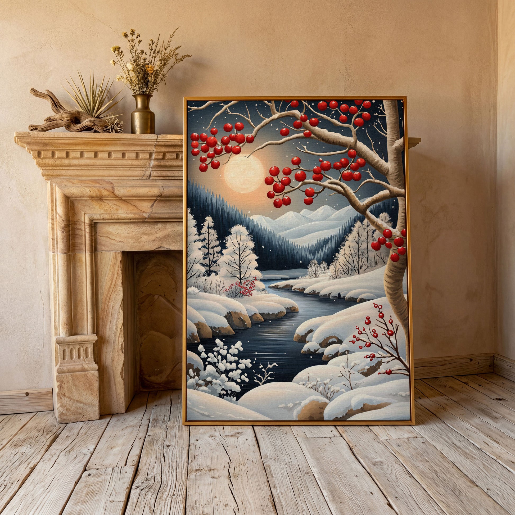 Snowy Forest River Canvas with Moonlit Winter Night in antique gold floating frame