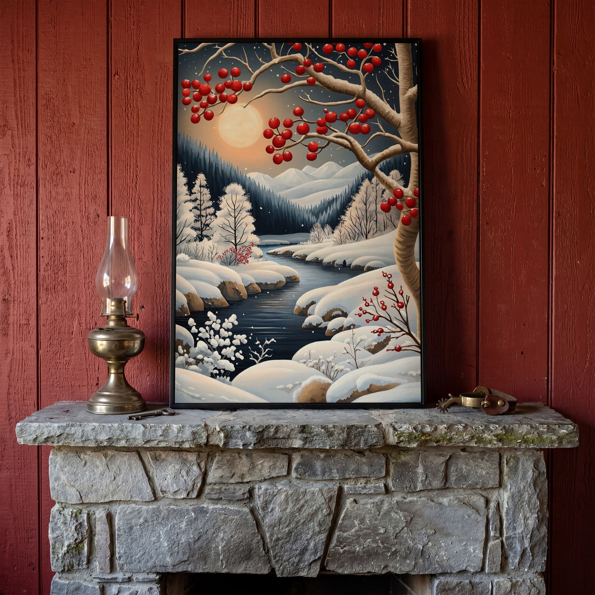 Snowy Forest River Canvas with Moonlit Winter Night in black floating frame