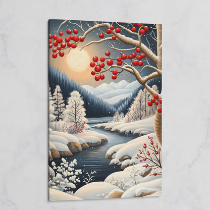 Snowy Forest River Canvas with Moonlit Winter Night on gallery wrap