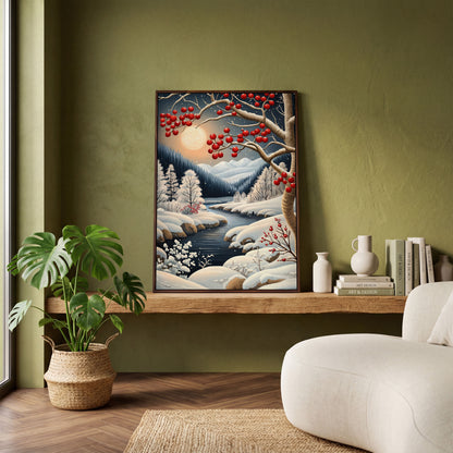 Snowy Forest River Canvas with Moonlit Winter Night in dark walnut floating frame