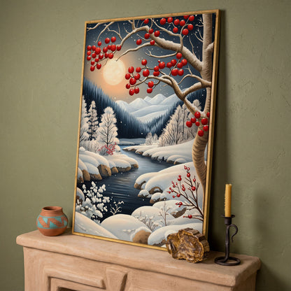 Snowy Forest River Canvas with Moonlit Winter Night in white oak floating frame