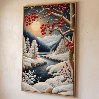 Snowy Forest River Canvas with Moonlit Winter Night shown in white oak floating frame