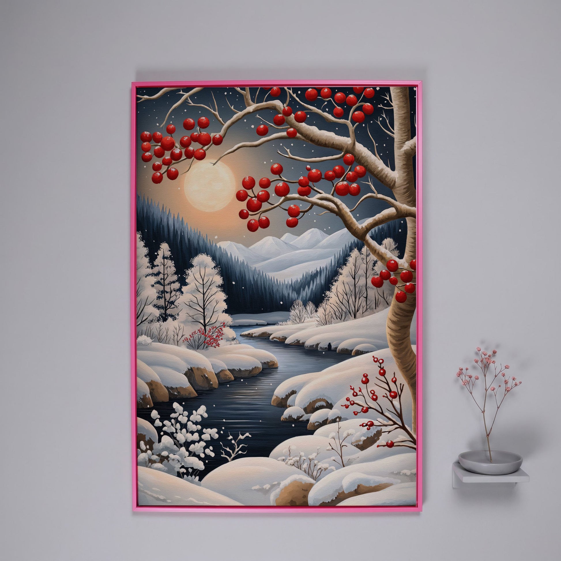 Snowy Forest River Canvas with Moonlit Winter Night in pink floating frame