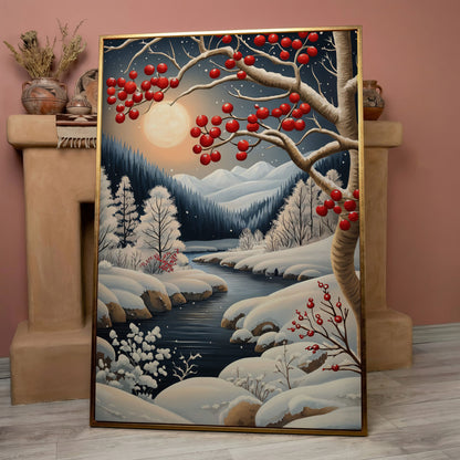 Snowy Forest River Canvas with Moonlit Winter Night in rose gold floating frame