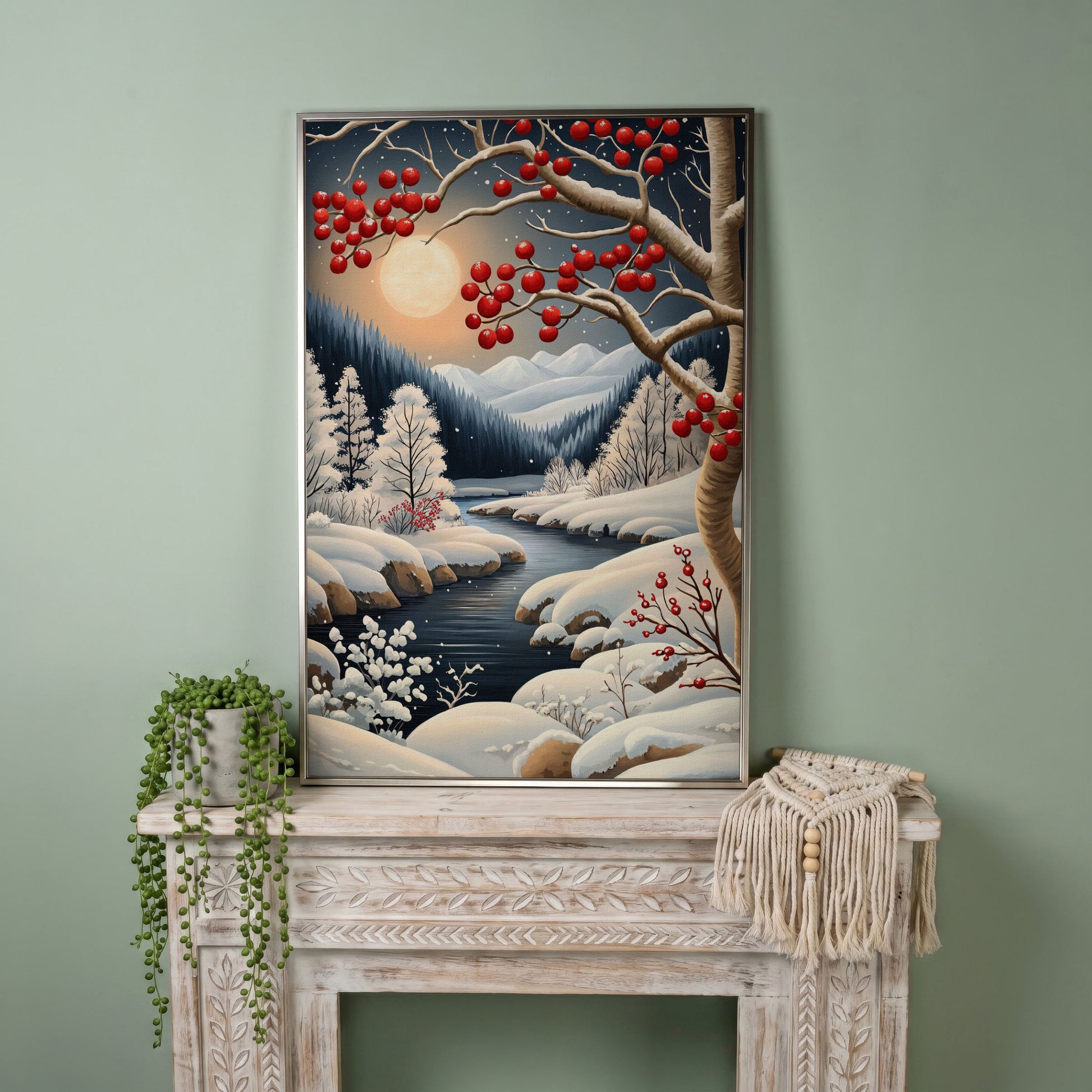 Snowy Forest River Canvas with Moonlit Winter Night in silver floating frame