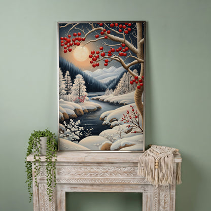 Snowy Forest River Canvas with Moonlit Winter Night in silver floating frame