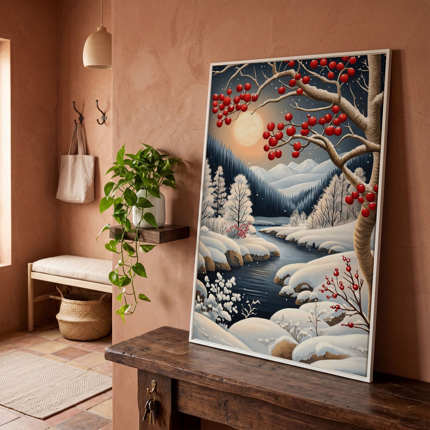 Snowy Forest River Canvas with Moonlit Winter Night in white floating frame