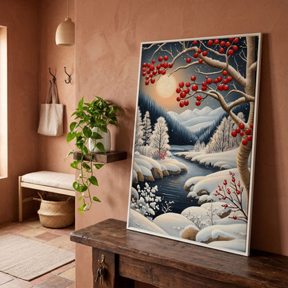 Snowy Forest River Canvas with Moonlit Winter Night in white floating frame