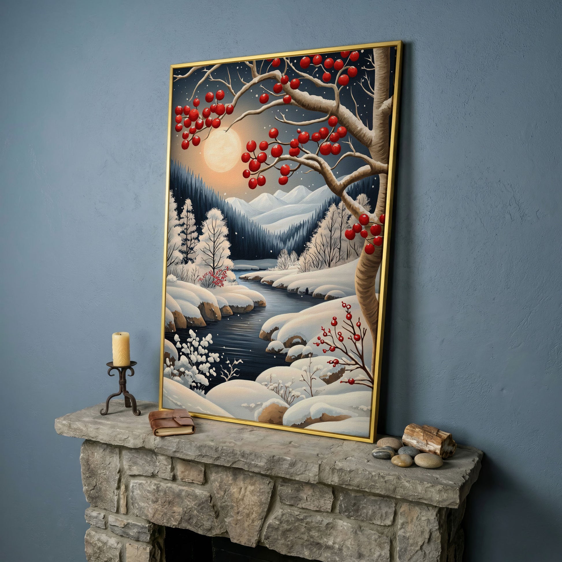 Snowy Forest River Canvas with Moonlit Winter Night in yellow gold floating frame