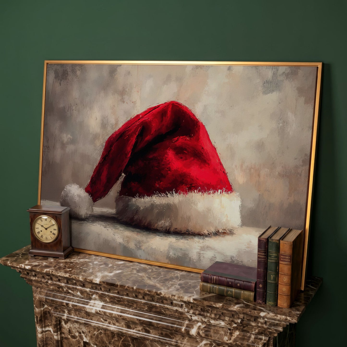 Red Santa Hat Canvas Wall Art in antique gold floating frame