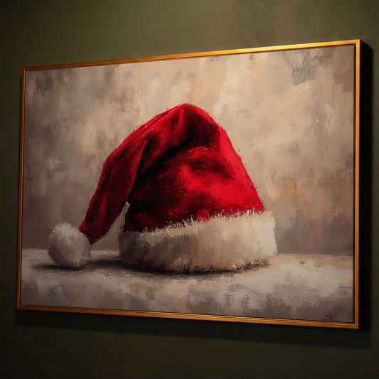 Red Santa Hat Canvas Wall Art shown in antique gold floating frame