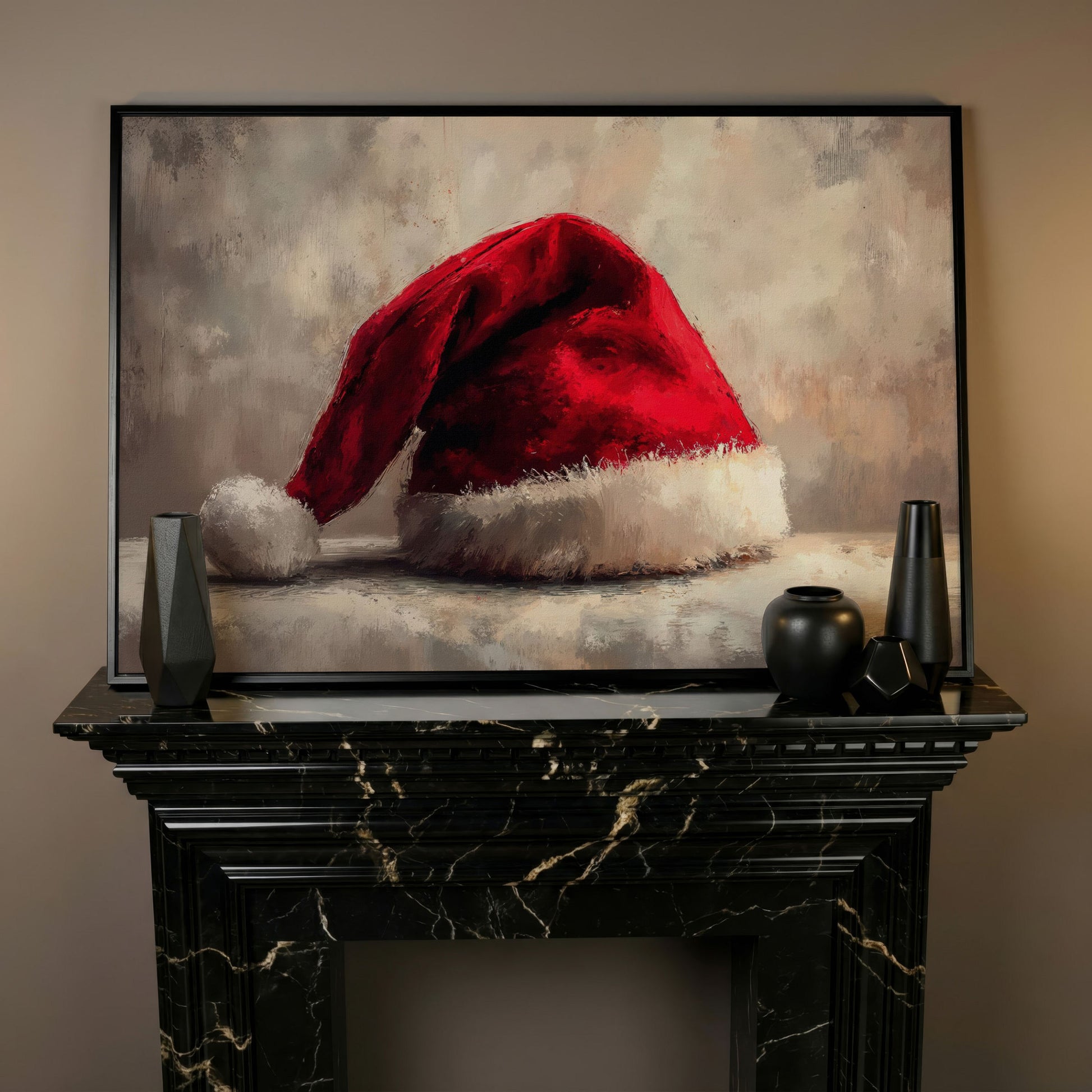 Red Santa Hat Canvas Wall Art in black floating frame