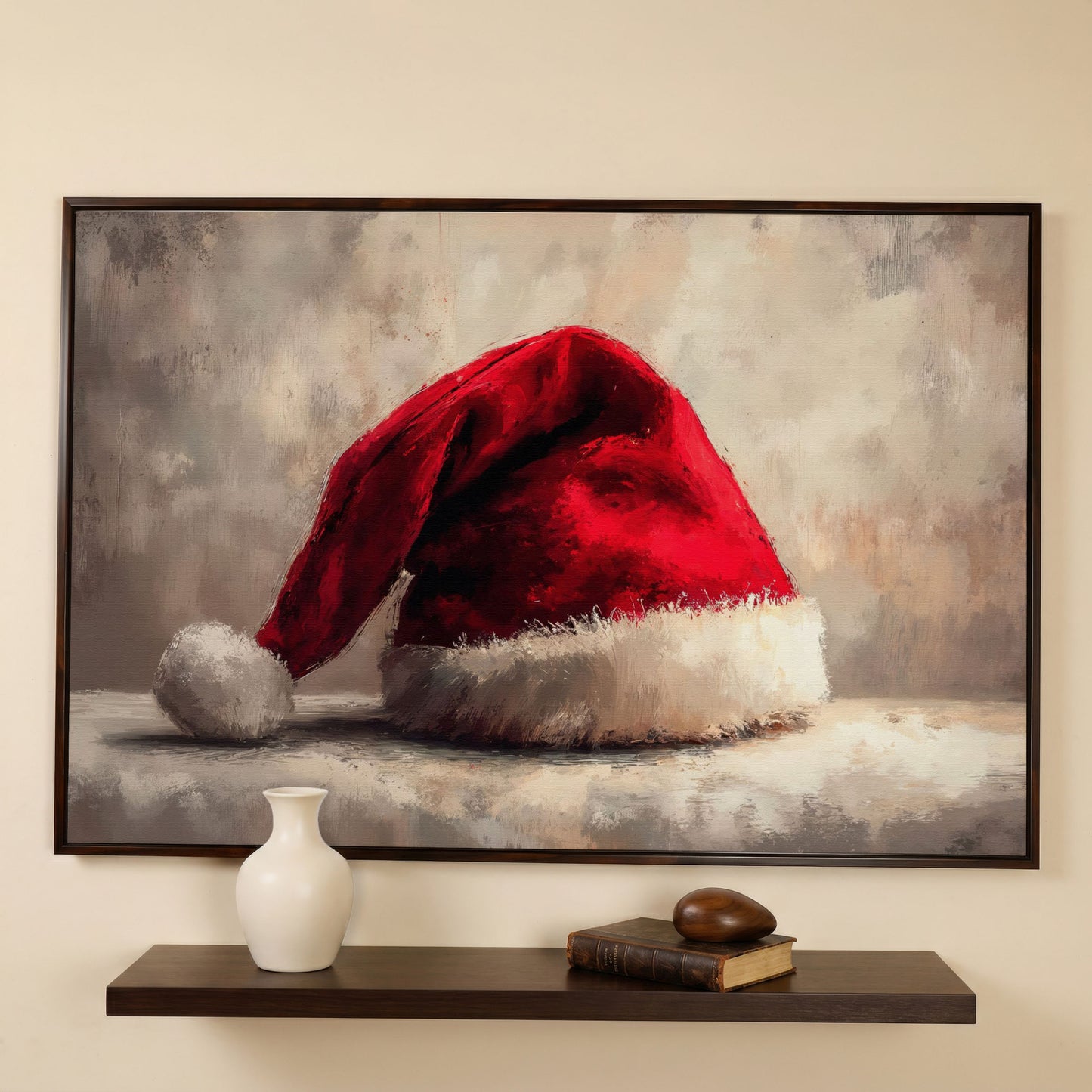 Red Santa Hat Canvas Wall Art in dark walnut floating frame