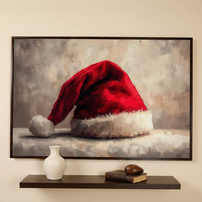 Red Santa Hat Canvas Wall Art in dark walnut floating frame