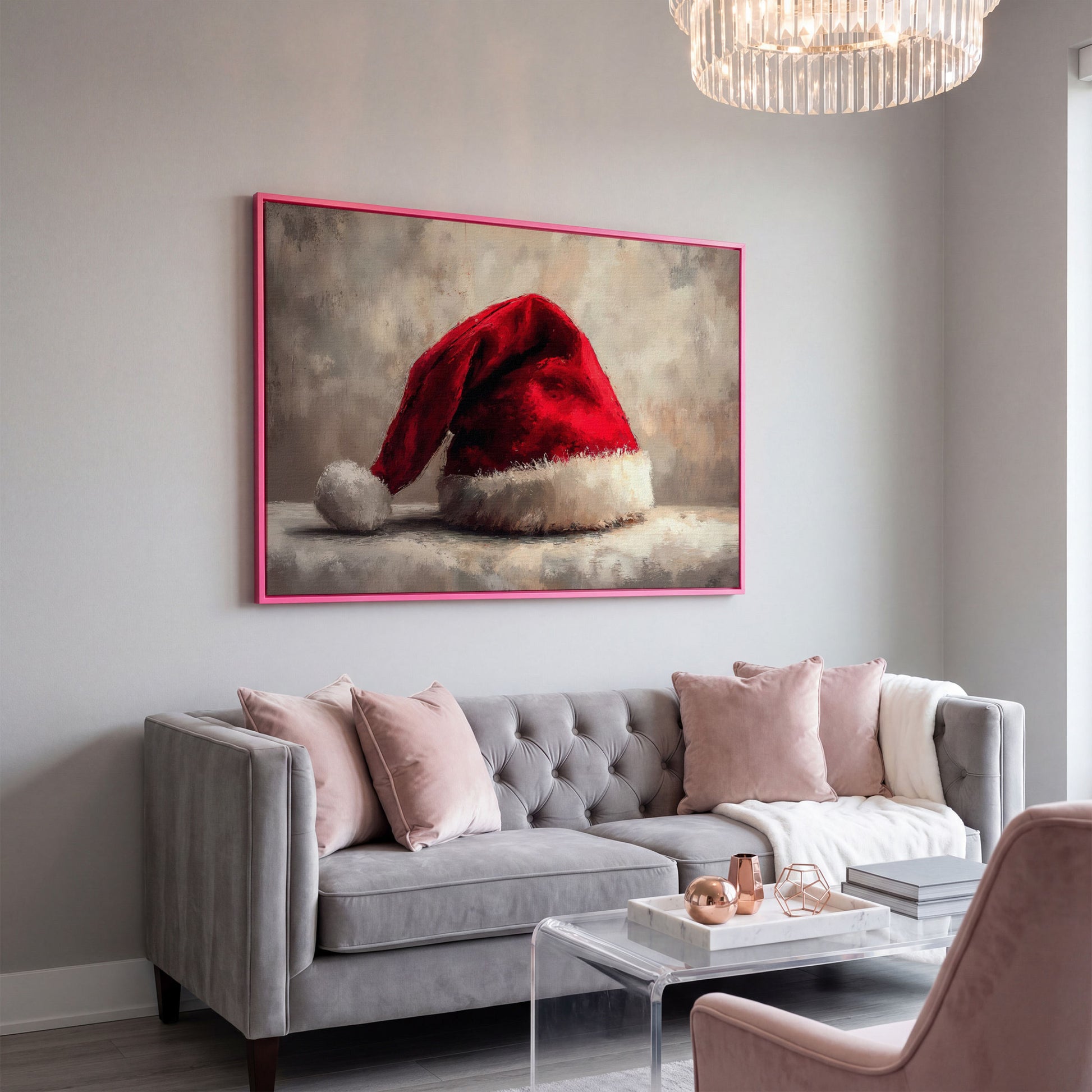 Red Santa Hat Canvas Wall Art in pink floating frame