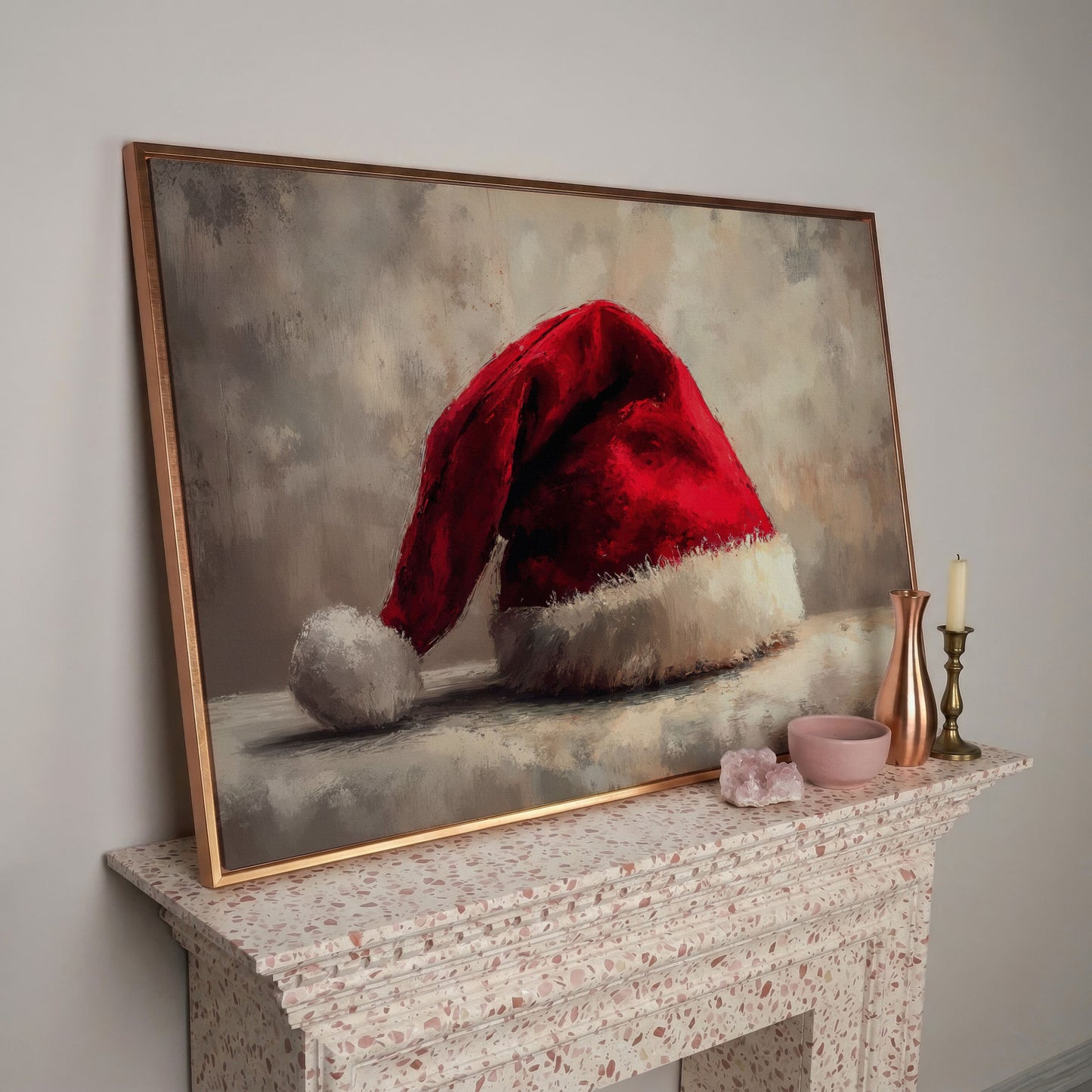 Red Santa Hat Canvas Wall Art in rose gold floating frame