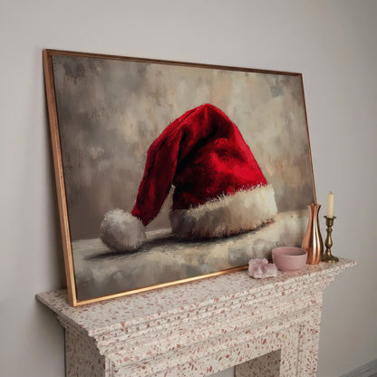 Red Santa Hat Canvas Wall Art in rose gold floating frame